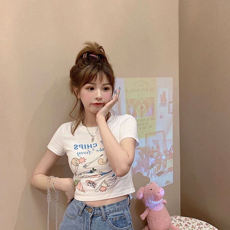 Áo thun ZHELIHANGFEI tay ngắn cổ tròn in chữ Chips họa tiết thời trang