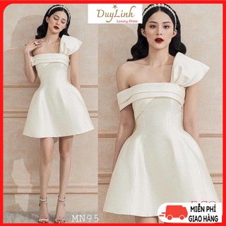 Đầm dự tiệc, đầm dáng xòe sang trọng Taffta nơ ngực chéo vai
