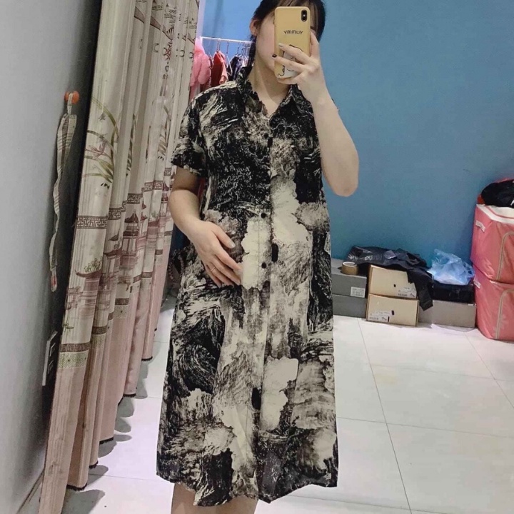 Đầm bầu ngắn tay sơ mi loang M053 chất đũi hàn thời trang thiết kế freesize từ 45 đến 70kg