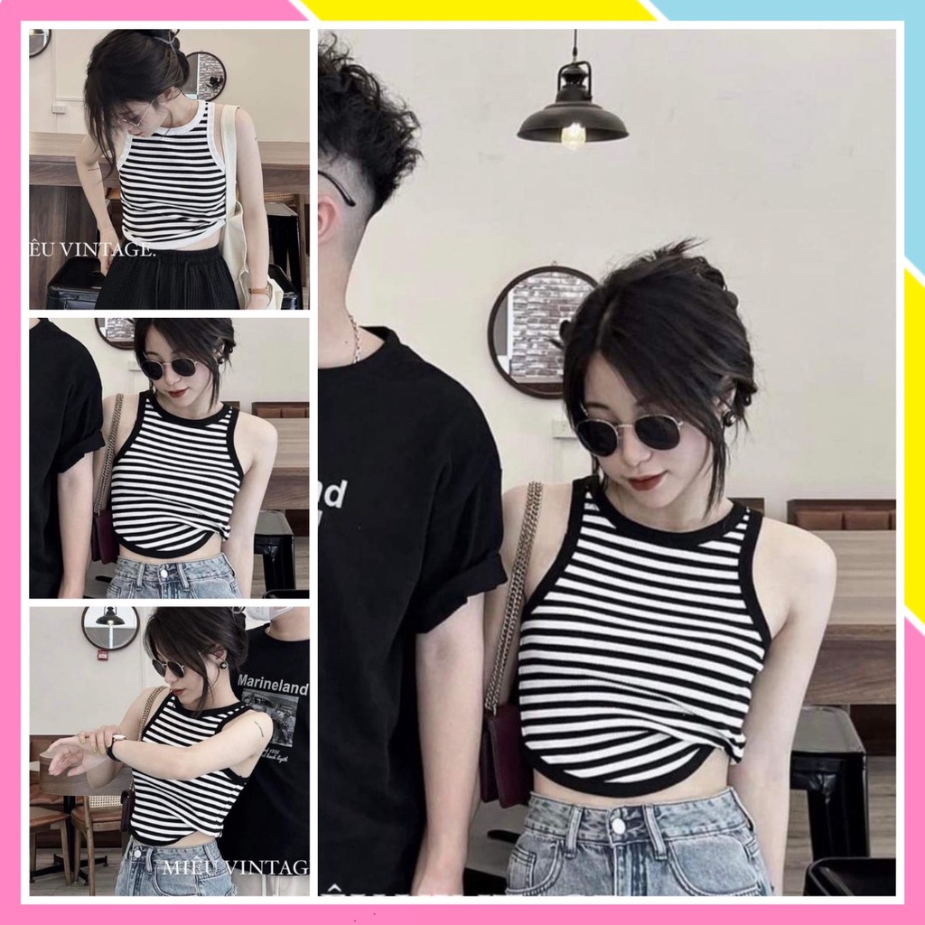 Áo ba lỗ croptop ôm body nữ Kẻ phối viền 2 Dây dáng đuôi tôm