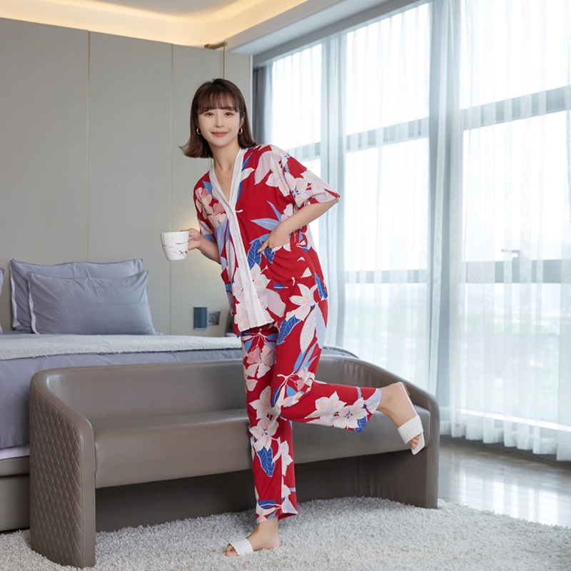 Bộ Đồ Ngủ Cotton Tay Ngắn Cổ Chữ V Dáng Rộng Thời Trang Mùa Hè Xinh Xắn Cho Nữ