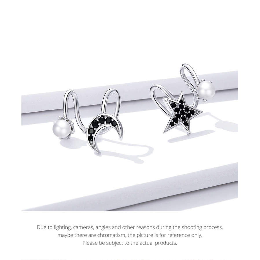 Khuyên Kẹp Tai Bamoer BSE387 Hình Ngôi Sao/Mặt Trang Đính Đá Màu Đen Thời Trang Nam Nữ Làm Bằng Bạc 925
