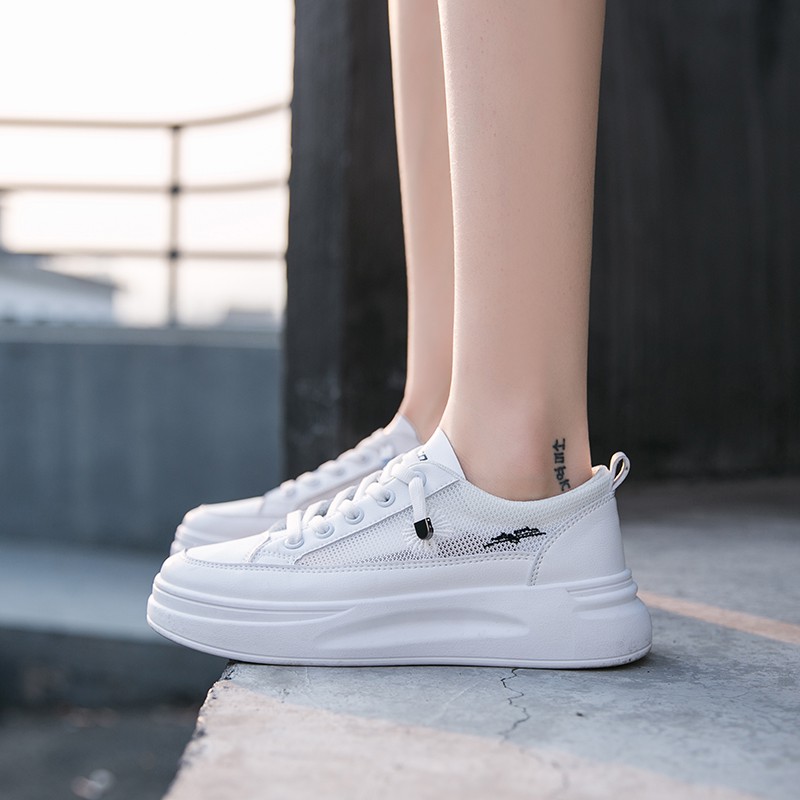 Giày thể thao nữ, sneaker nữ màu trắng da mềm phối lưới thêu hoa cúc phong cách Hàn Quốc