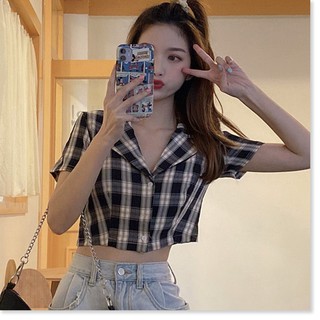 Áo croptop sơ mi cổ vest kẻ caro cao cấp