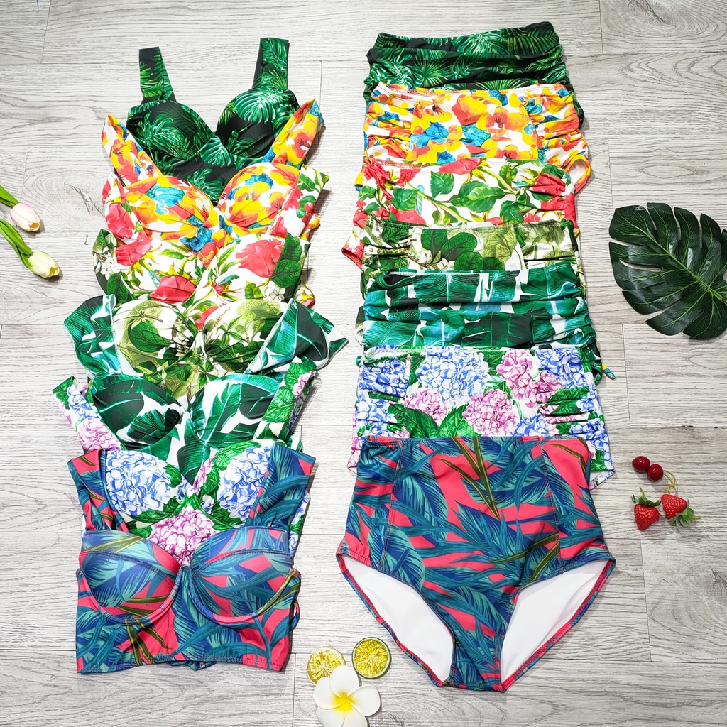 Bikini Nữ 2 Mảnh Quần Cạp Cao Aó Bra Hoa Lá Đẹp Bin Sports BHV090