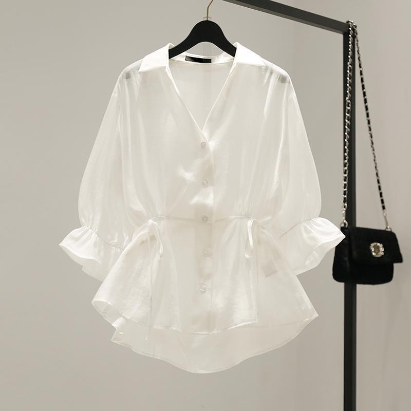 Áo Sơ Mi Chiffon Tay Ngắn Phong Cách Thời Trang Hàn Quốc 163241 Áo Sơ Mi Cardigan Cổ Chữ v Chiết Eo Phối Chân Váy Thời Trang Xinh Xắn