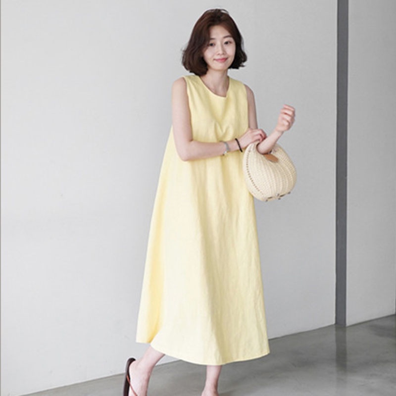 IELGY IELGY Đầm cotton Lanh Sát Nách Dáng Rộng Thời Trang Hàn Quốc Cho Nữ