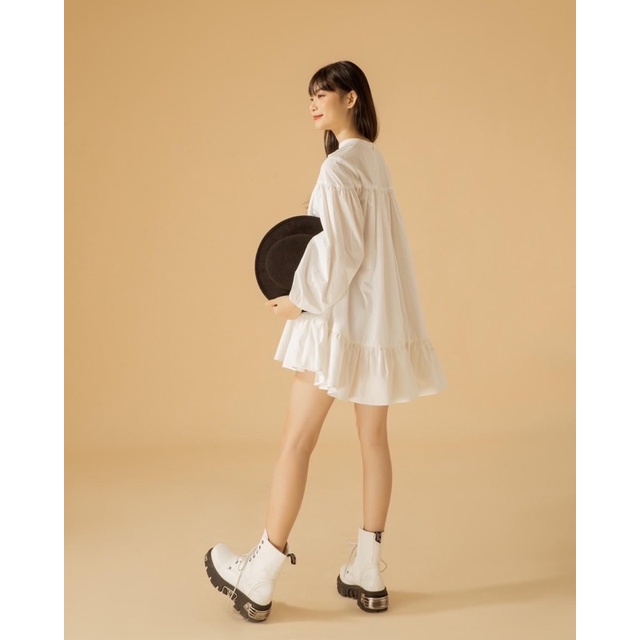Đầm babydoll tay dài nhún rộng váy xòe họa tiết trơn | TRAZEPE WHITE DRESS - CLÉLIE