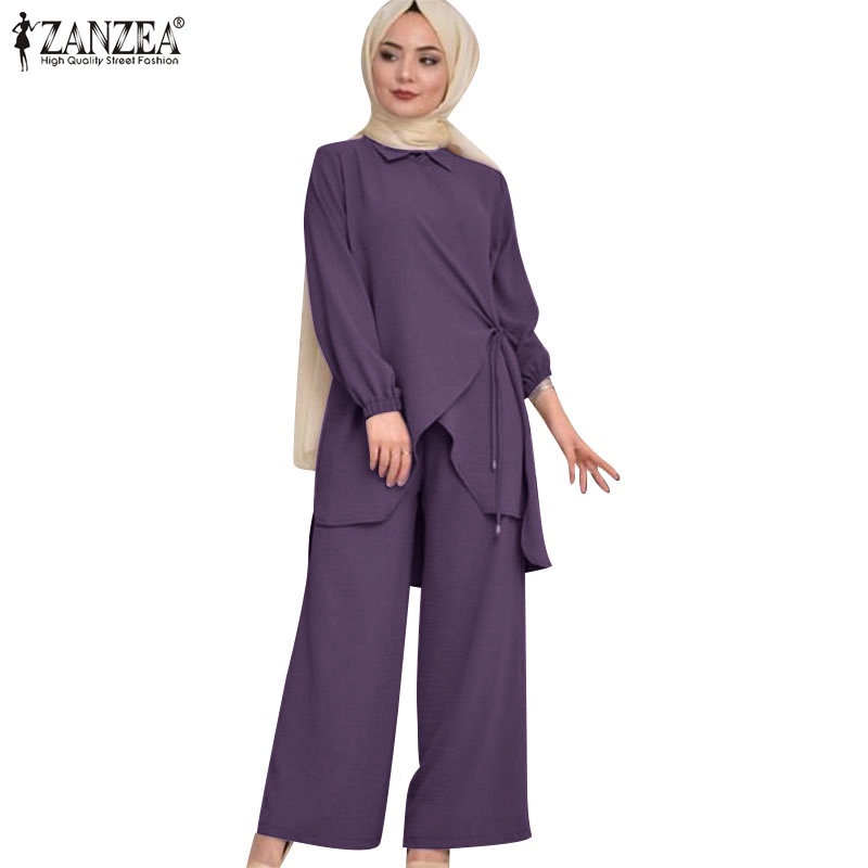 Bộ đồ ZANZEA gồm áo dài tay + quần dài phối túi phong cách Hồi Giáo thời trang cho nữ
