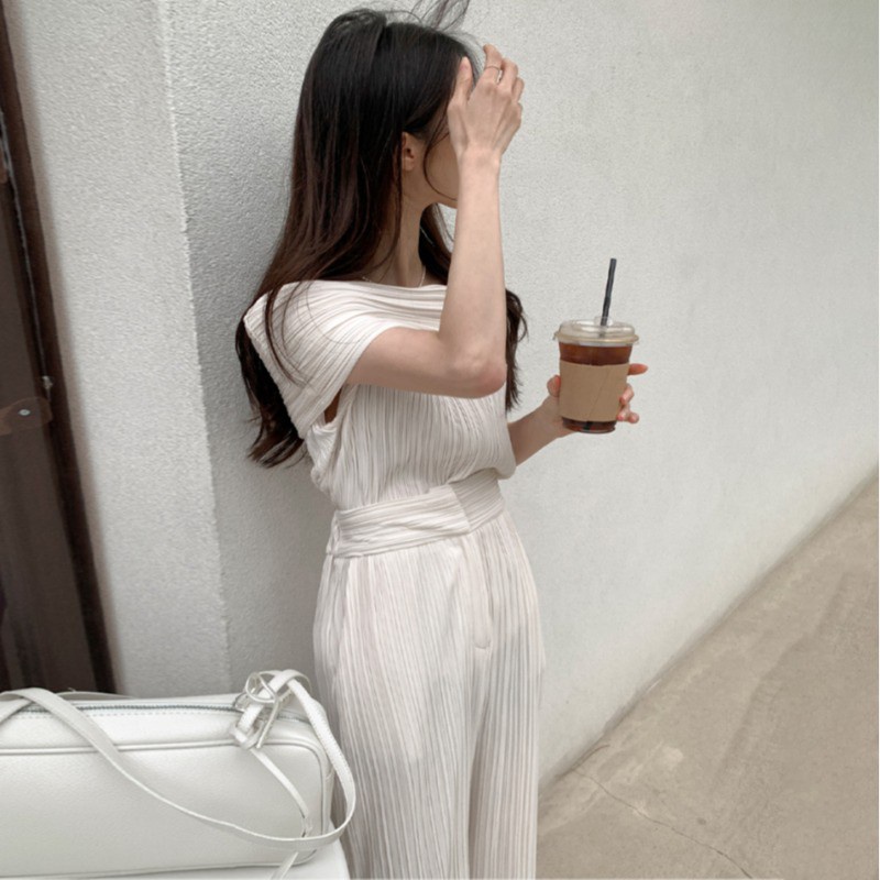 Lightly Mature off-Shoulder Pleated Top+Split Chiffon Wide-Leg Pants Fashion Socialite Elegant Outfit Women's Summer