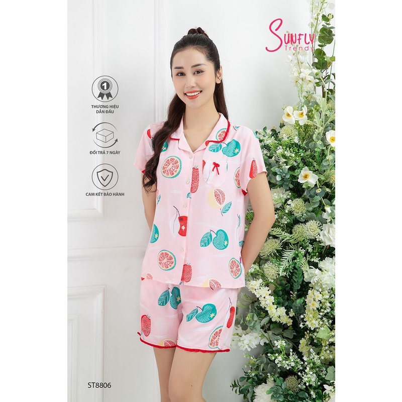 Bộ đồ mặc nhà nữ pijamas lanh SUNFLY áo cộc, quần sooc ST8806