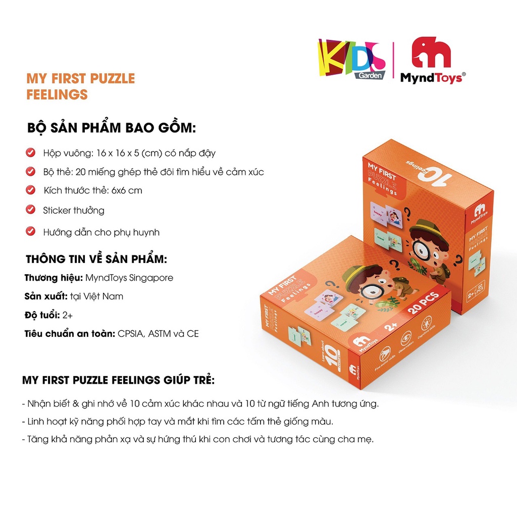 Đồ chơi xếp hình cho bé bộ ghép hình MYNDTOYS  20 mảnh với chủ đề cảm xúc cho trẻ từ 2 tuổi MT03-MFFeelings KIDSGARDEN