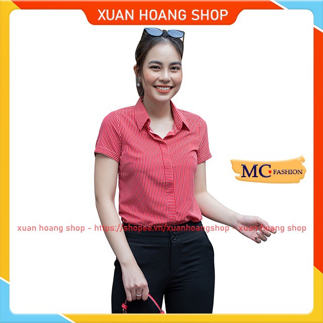 Áo Sơ Mi Nữ Kẻ Sọc Kiểu Công Sở, Tay Ngắn Cộc Đẹp Mc Fashion, Trắng, Xanh Tím Than, Hồng, Đỏ, Size Đủ, Chất Mát A631