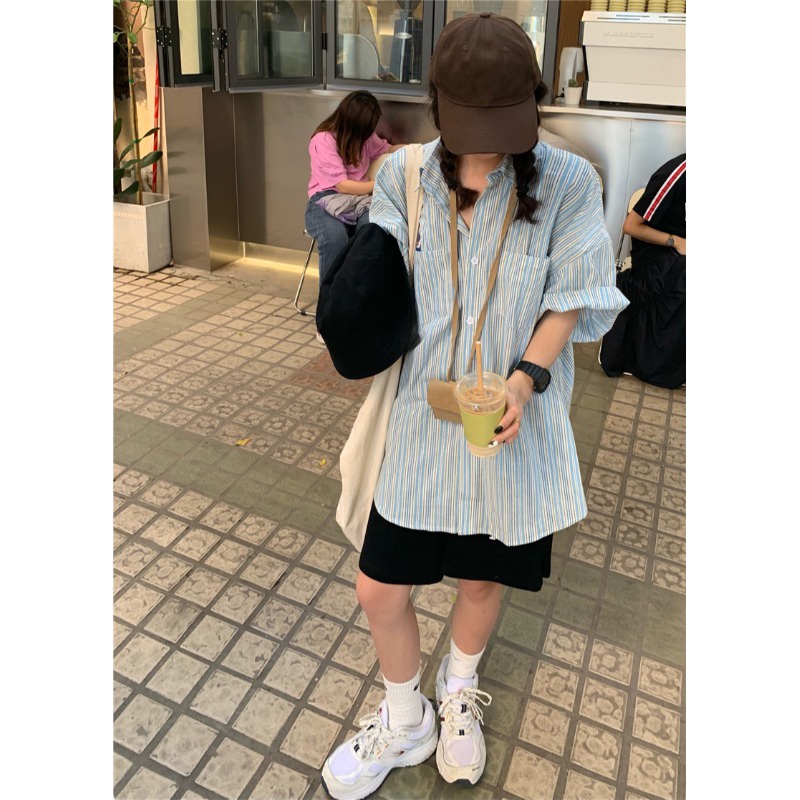 Áo Sơ Mi Nữ Ngắn Tay Kẻ Sọc Dáng Rộng Kiểu Hàn Quốc