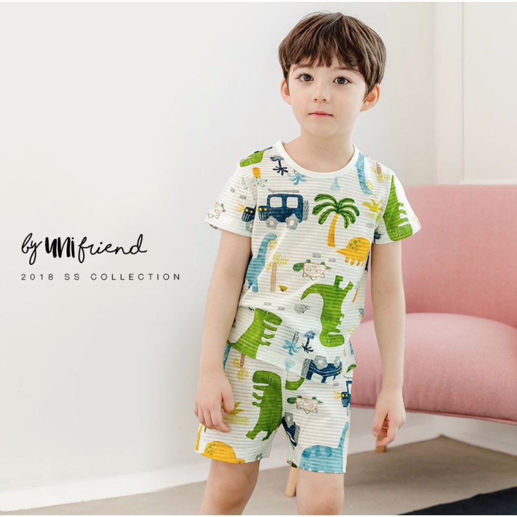 Bộ đồ bé trai Hàn quốc uniFriend ngắn tay _ car dino _ cotton