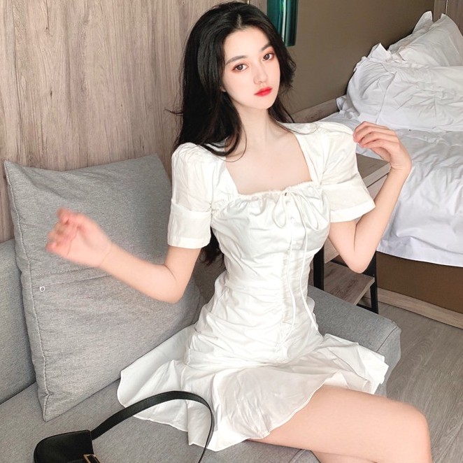 Đầm Chữ A Cổ Vuông Xếp Ly Phối Dây Rút Phong Cách Hàn Quốc | BigBuy360 - bigbuy360.vn