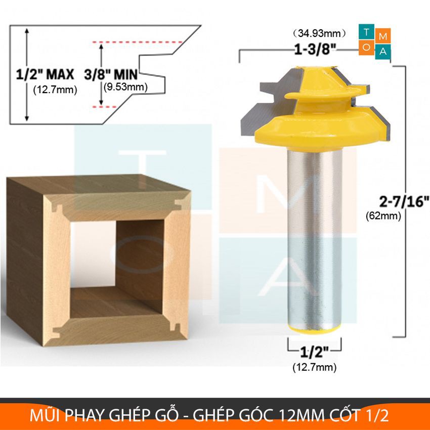 Mũi Phay Ghép Ván Gỗ - Mũi Soi Gỗ Góc Vuông Cốt 1/2 - Ghép góc 12mm Có Thể  Ghép Được Ván Dày 9.5 - 16.5 mm