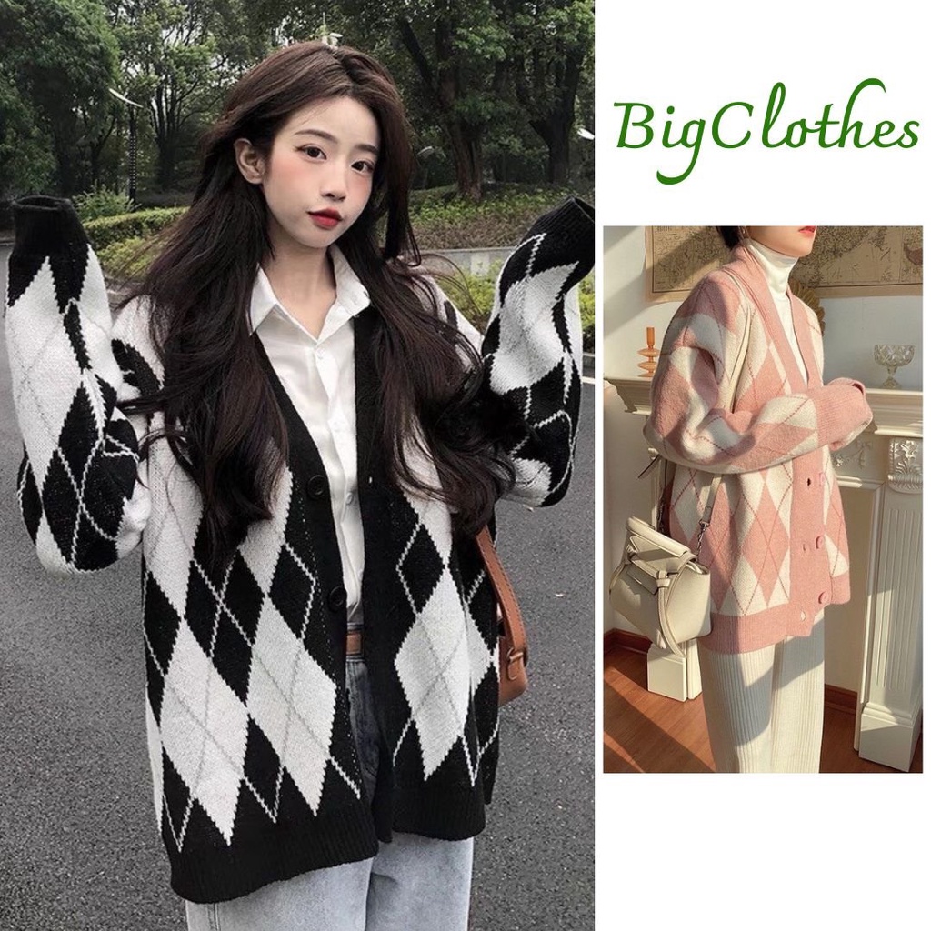 Áo khoác len cardigan bigsize kẻ caro hàng Quảng châu đen hồng trùm mông L003