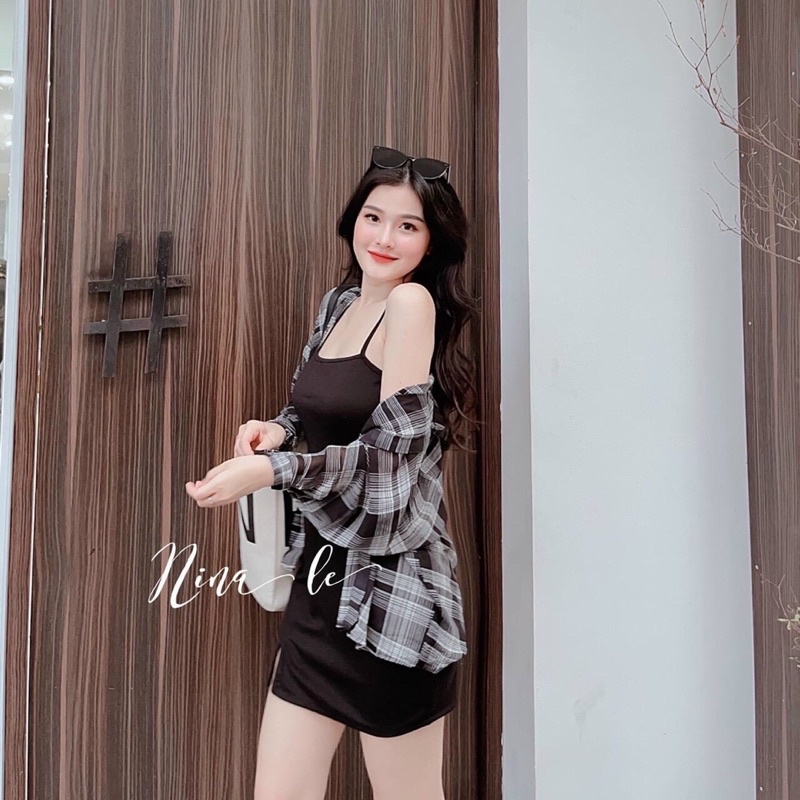 Set đầm dây body kèm áo khoác sơ mi caro giá rẻ