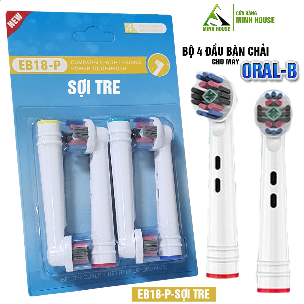 Cho máy Oral B, Set 4 đầu bàn chải than sợi tre kháng khuẩn EB18-P, EB20-P, EB25-P Minh House