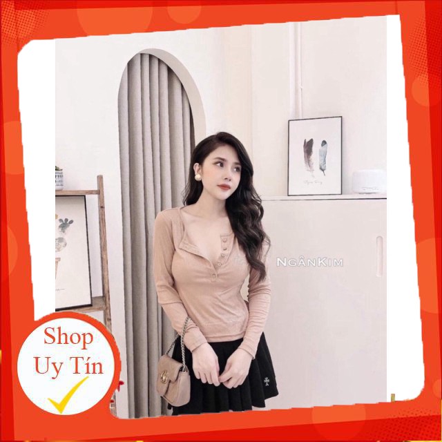 Áo thu đông kẻ cổ trụ chất đẹp, Áo thun dài tay cúc ngực vải cotton co giãn CS1011 - NhiNhi Shop