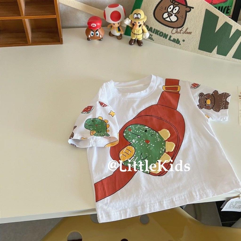 Áo Thun Tay Ngắn Cổ Tròn In Hình Khủng Long Hoạt Hình Phong Cách Hàn Quốc Dễ Thương Cho Bé Trai