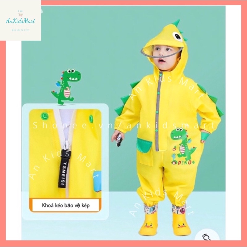 Bộ áo mưa liền quần cao cấp cho bé hình khủng long hoạt hình cực ngộ nghĩnh dễ thương