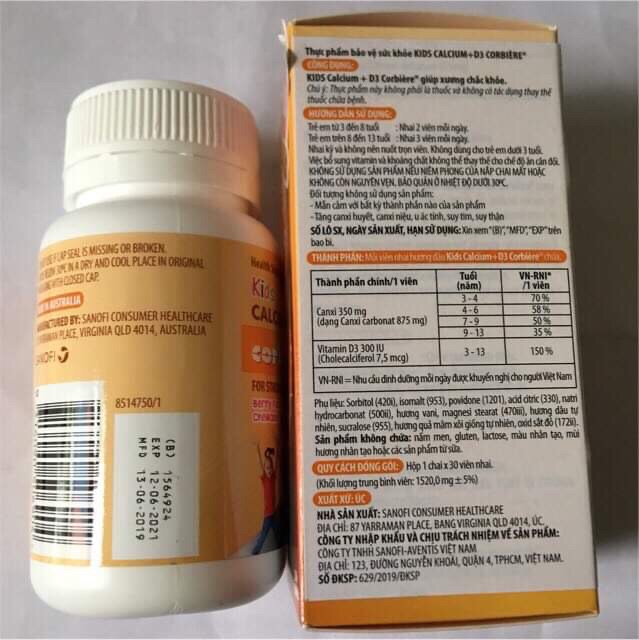 Viên nhai Kids Calcium+D3 Corbière (hàng chính hãng ,xuất xứ Úc do công ty Sanofi nhập khẩu)(giúp xương chắc khoẻ)