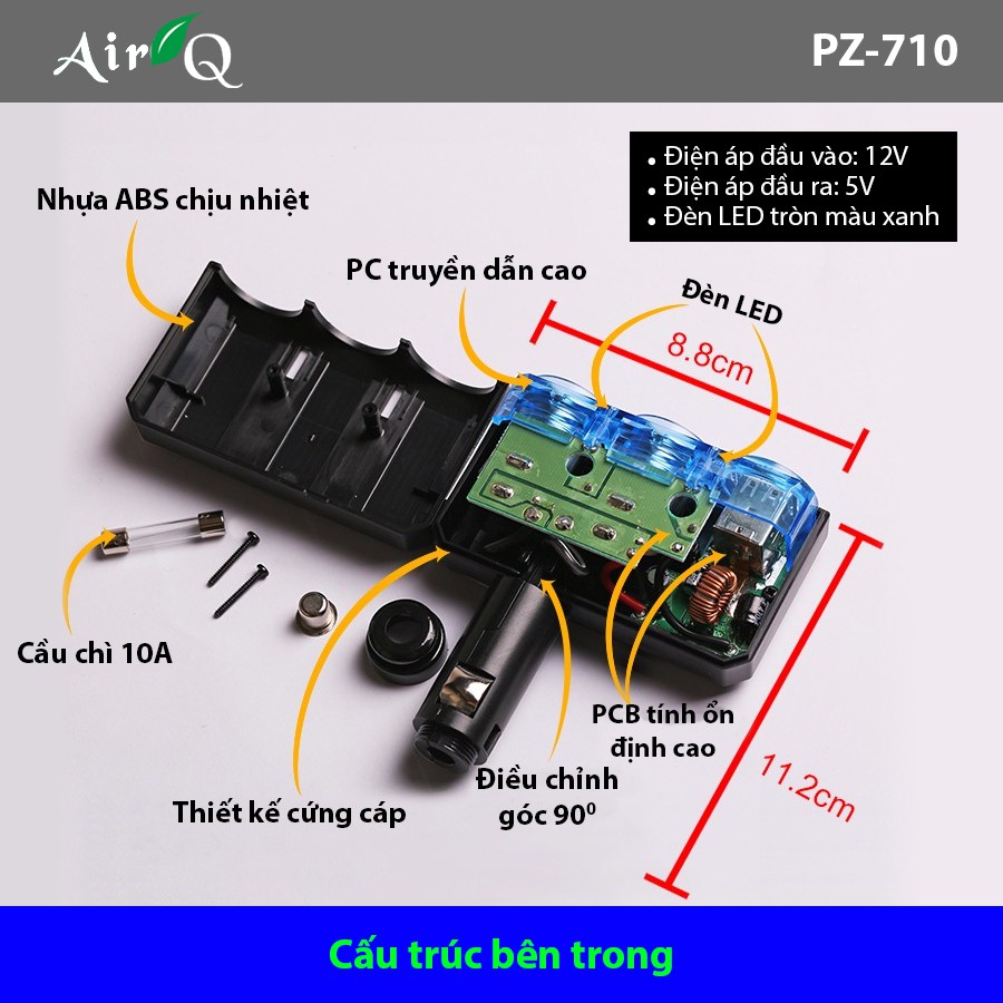 [Mã BMBAU50 giảm 10% đơn 99k] Bộ Chia Tẩu Ô Tô 2 Ổ Và 2 Cổng Usb Không Dây AIRQ PZ710 Nhập Khẩu Chính Hãng