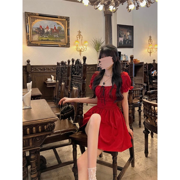 French square-necked tie dress female summer retro spicy girl temperament small red skirt bubble sleeve princess skirt