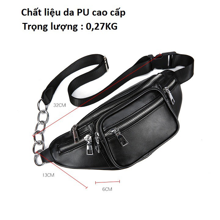 Túi đeo chéo nữ, Túi bao tử chất liệu da mềm cao cấp, dây xích cá tính