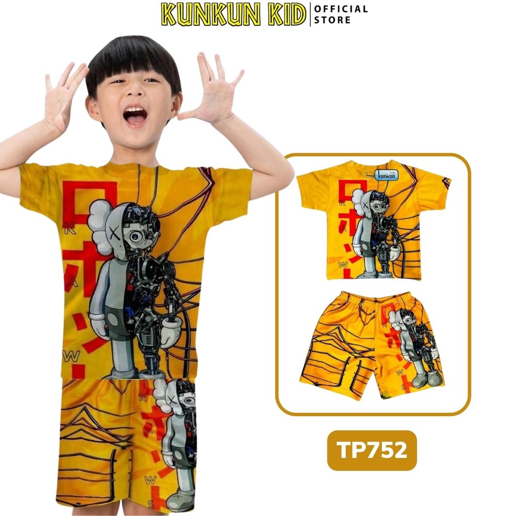 Quần áo trẻ em Kunkun Kid TP752 in 3d hình kaw vàng size đại từ 10-60kg - Bộ cộc tay bé trai thun lạnh thoáng mát