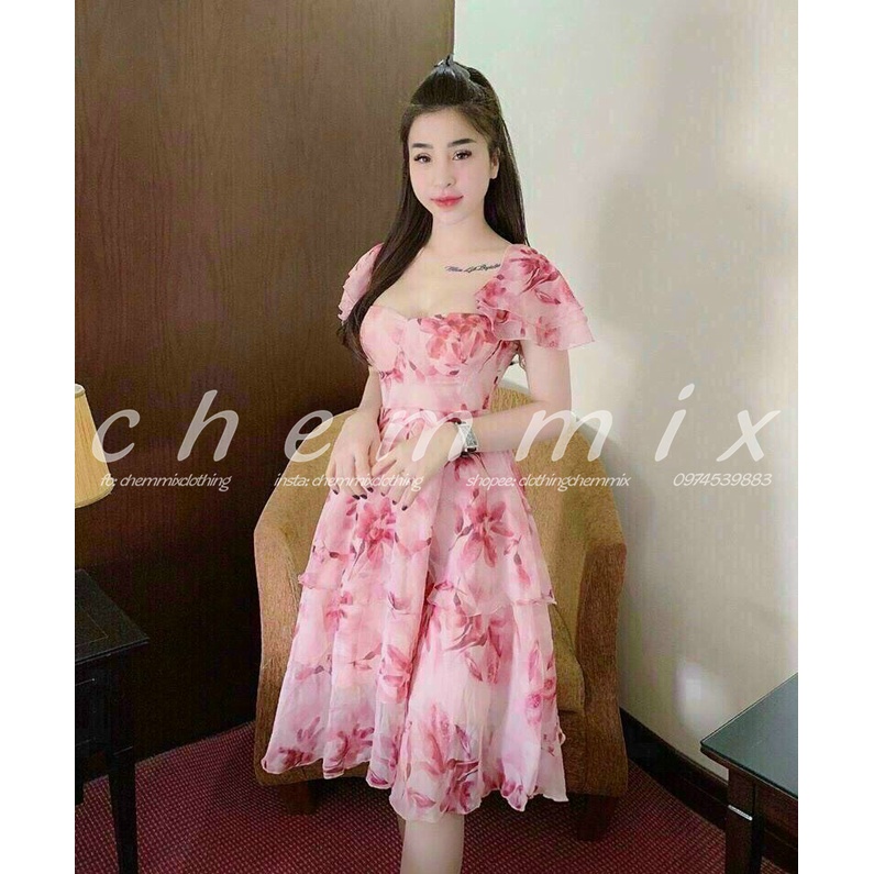 Đầm hoa cổ vuông dự tiệc đi biển ChemMix thiết kế siêu xinh cho nàng dạ hội, du lịch