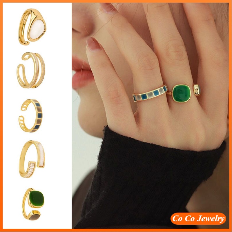 Nhẫn Bạc S925 Hở Màu Ngọc Lục Bảo Phong Cách Hip hop Hàn Quốc