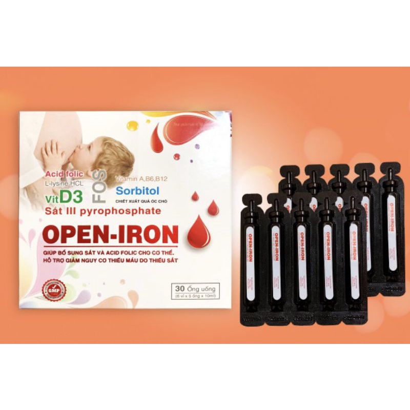 Open- iron bổ sung sắt, acid folic cho các đối tượng đặc biệt là phụ nữ mang thai, người bị thiếu máu hộp 30 ống