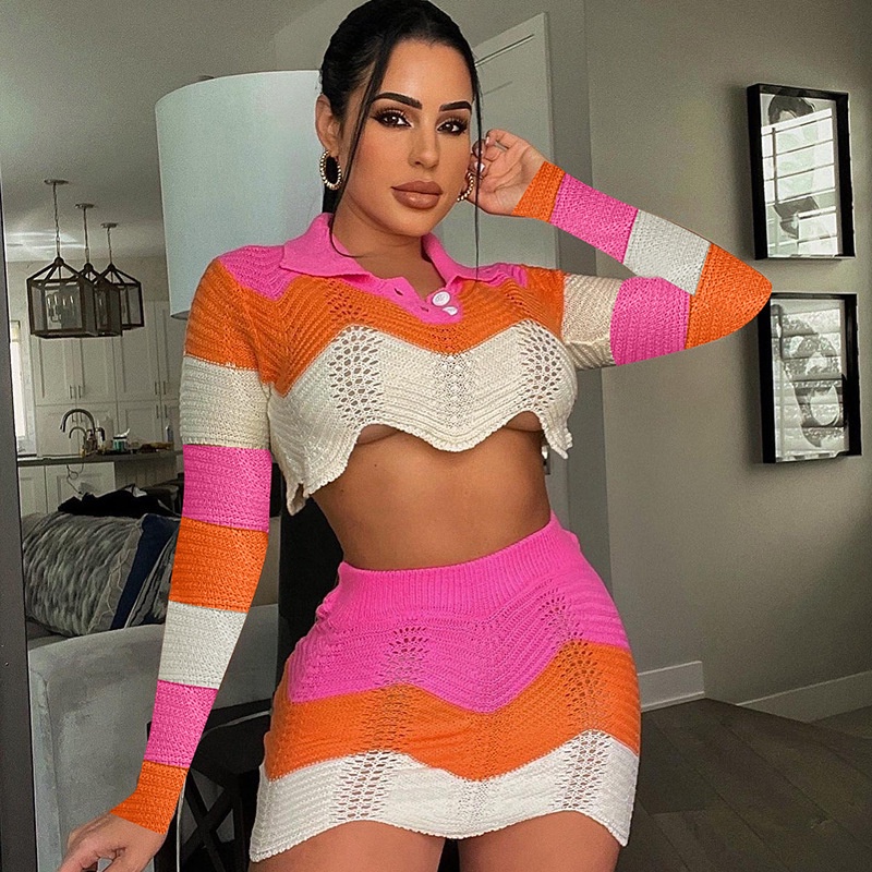 Bộ Áo Dệt Kim Dài Tay Cổ Polo + Chân Váy Lưng Cao Xinh Xắn Dành Cho Nữ