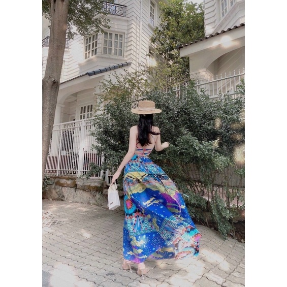 Đầm maxi đan lưng hoạ tiết thổ cẩm xanh - MIXIZ HOUSE