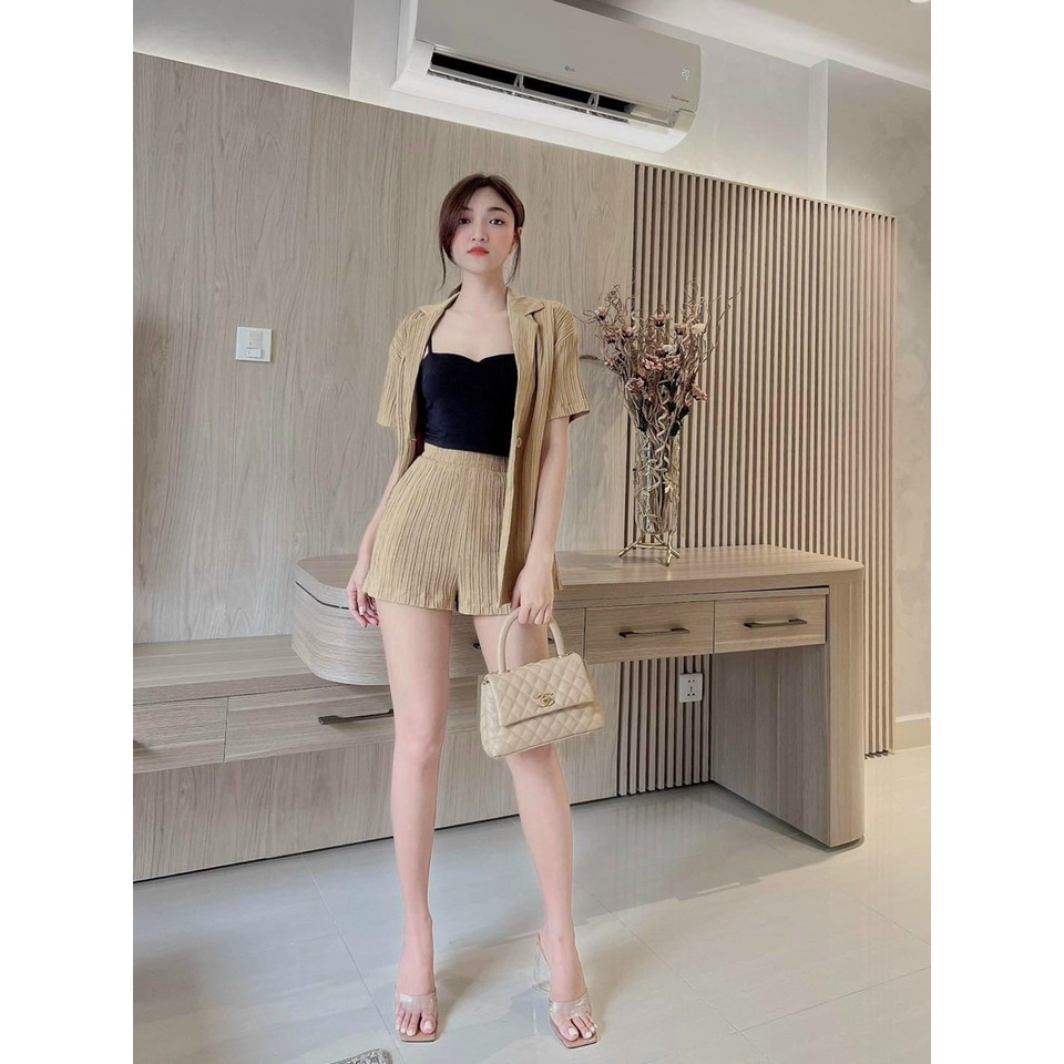 Sét 3 món phối quần đùi áo ống 2 dây phối áo sơ khoác sơ mi tay ngắn mẫu được thiết kế năng động trẻ trung