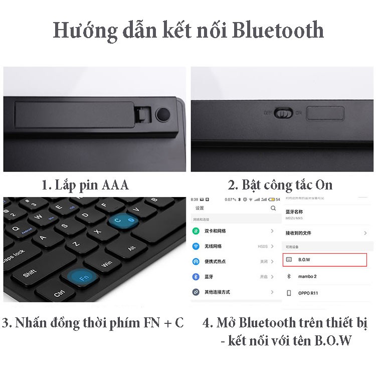 Bàn phím Bluetooth BOW HB098 cho Điện thoại, iPad, Laptop