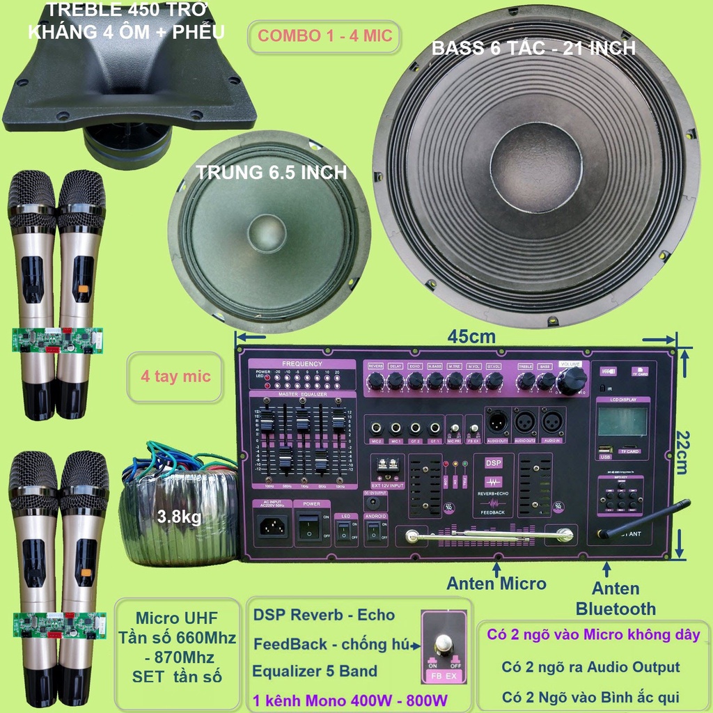 Mạch loa kéo Bass 6 tấc công suất khủng 800W DSP Reverb Echo chống hú Equalizer 5 Band kèm loa và kèm micro UHF chống hú