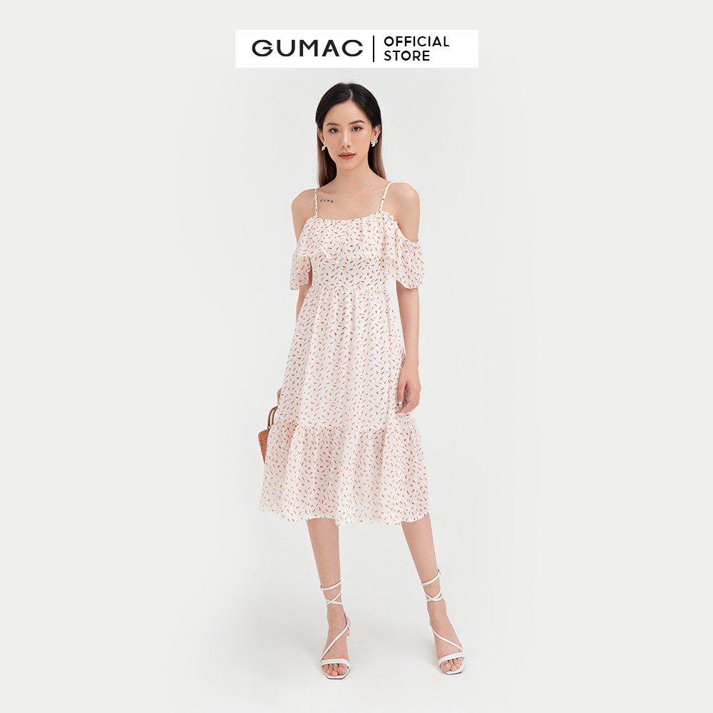 Đầm hoa nhí nữ trễ vai GUMAC thiết kế tiểu thư DB494