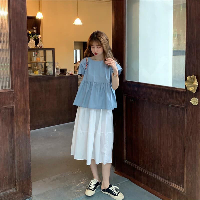 Set áo babydoll nơ kèm chân váy dài có lót như hình