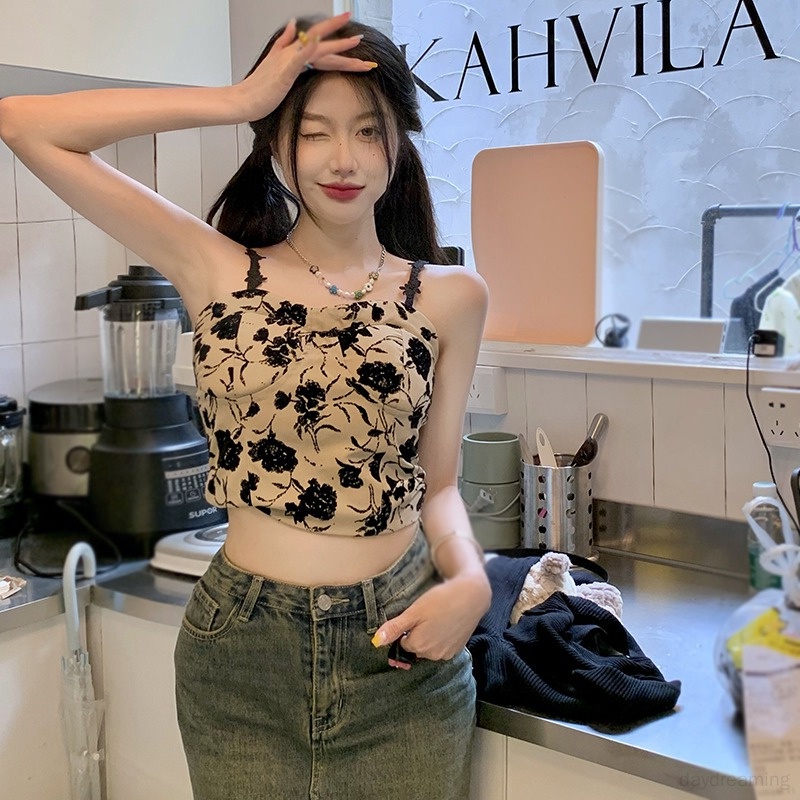 Áo Tank Top Hai Dây Có Đệm Ngực Họa Tiết Hoa Phong Cách Hàn Quốc Cho Nữ