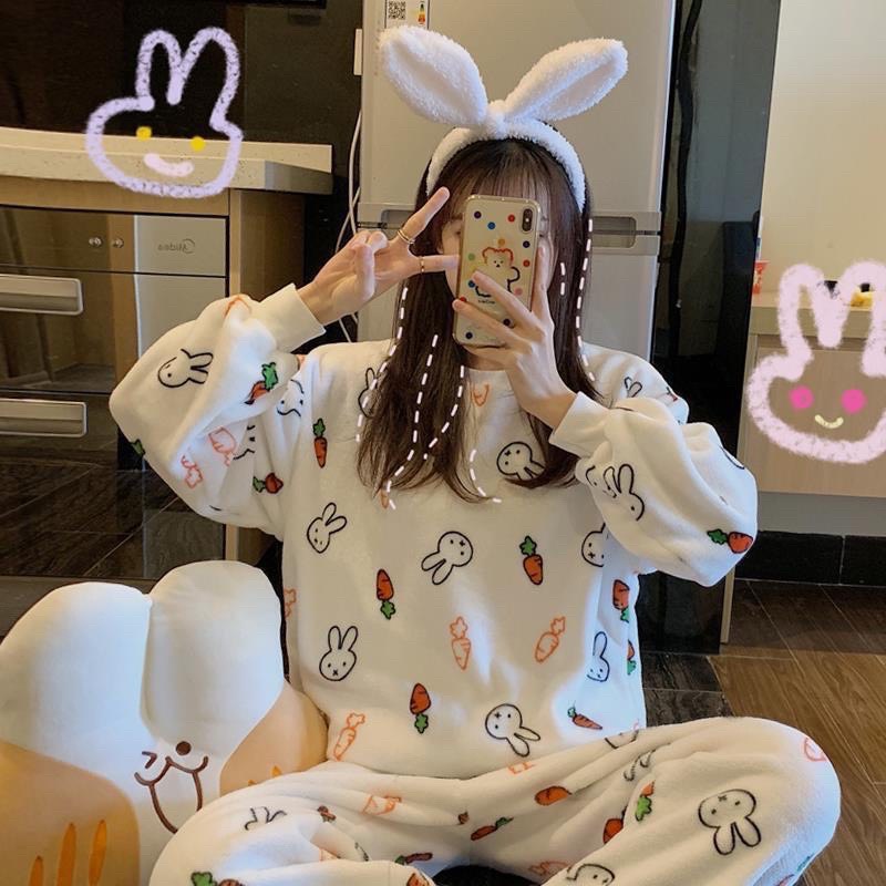 Bộ ngủ nữ đáng yêu siêu nhẹ giữ nhiệt, bộ ngủ cute chất liệu lông cừu siêu ấm | BigBuy360 - bigbuy360.vn