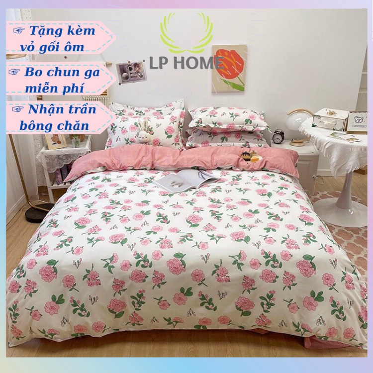 Bộ chăn ga gối Poly Hàn Quốc hoa hồng lãng mạn (Tặng vỏ gối ôm) - Miễn phí bo chun