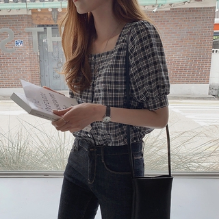 Áo sơ mi ca-rô tay phồng xinh xắn dành cho nữ