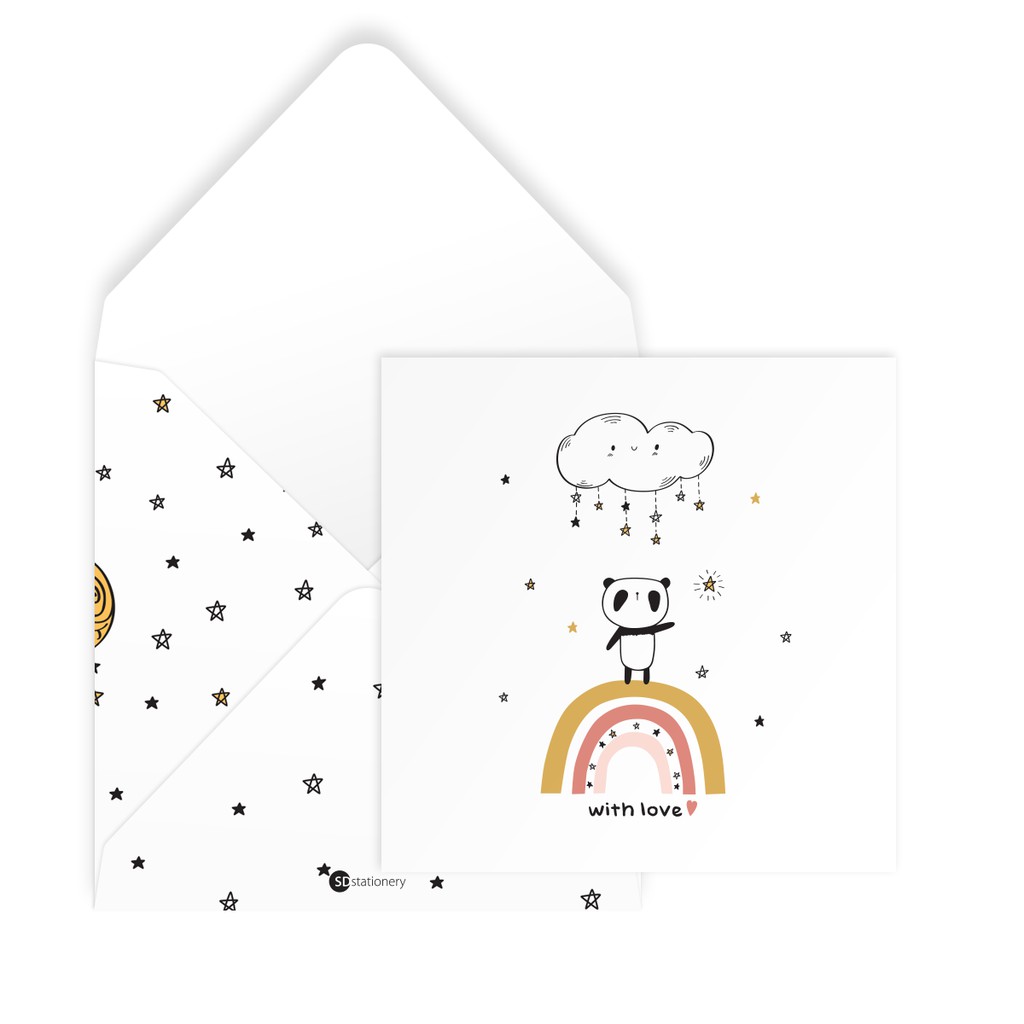 Thiệp tình bạn, tình cảm với bố mẹ, tình yêu Valentine WITH LOVE vuông 12cm SDstationery PANDA gấu trúc,cầu vồng,mây sao