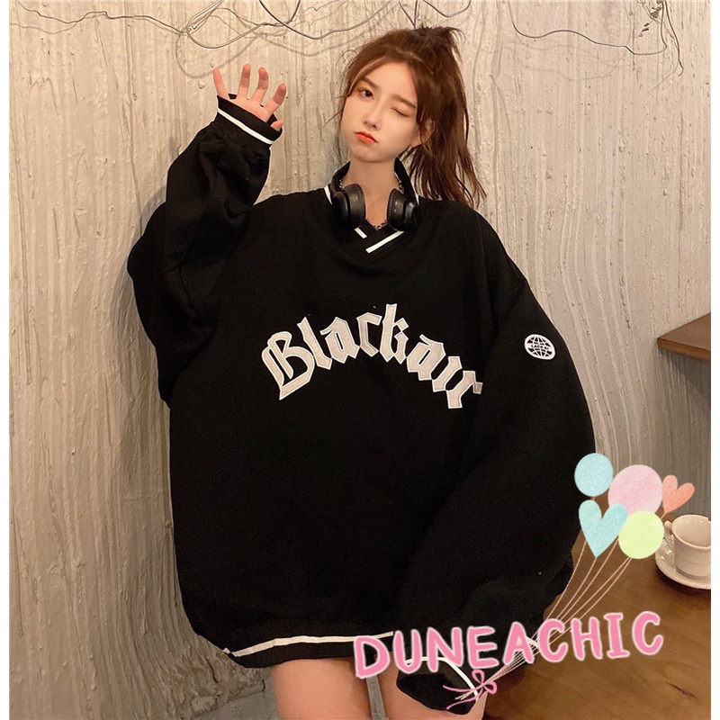 DUNEA Áo Nỉ Cổ Chữ V Thêu Chữ Quyến Rũ Trẻ Trung Cho Bạn Gái