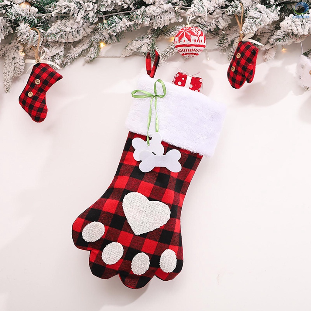 【FLY】Christmas Stockings Red and Black Plaid Dog Paw Stocking Hanging Christmas Tree Gift Bag Candy Bag Christmas Tree Decoration Accessories