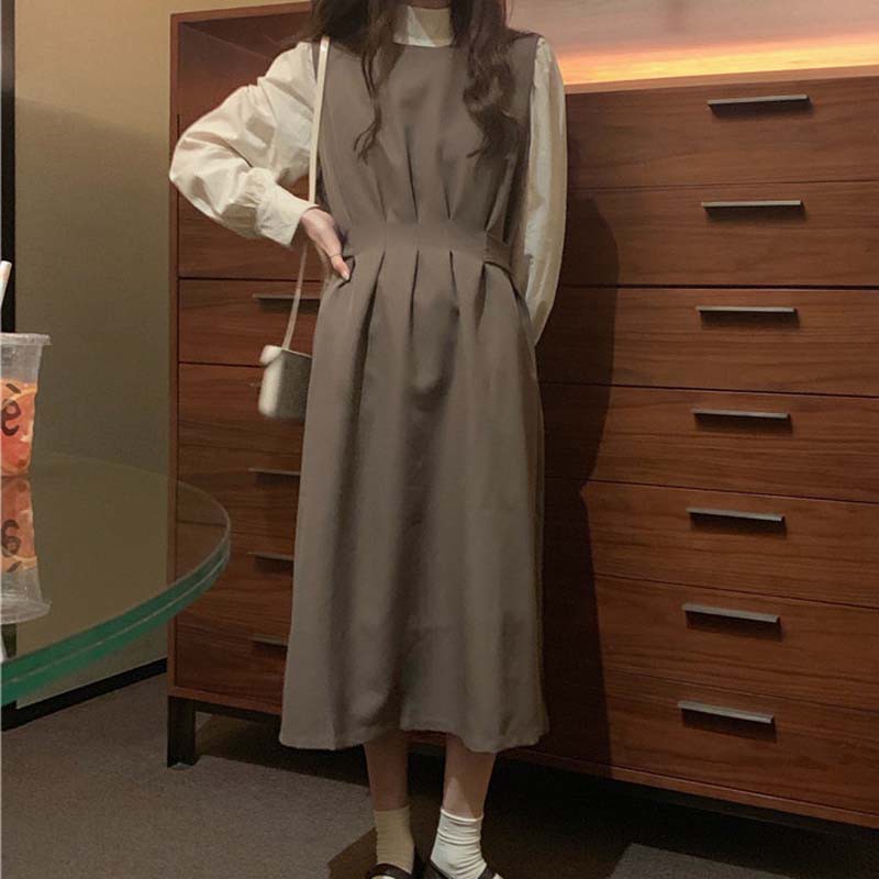 (HÀNG SẴN) Váy yếm xòe dài mùa thu vintage đơn giản nhẹ nhàng trẻ trung kiểu Pháp | BigBuy360 - bigbuy360.vn